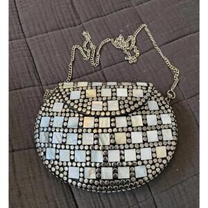 Ramla Handmade Mosaic Studded Beaded Shoulder Bag Black White Chain Strap